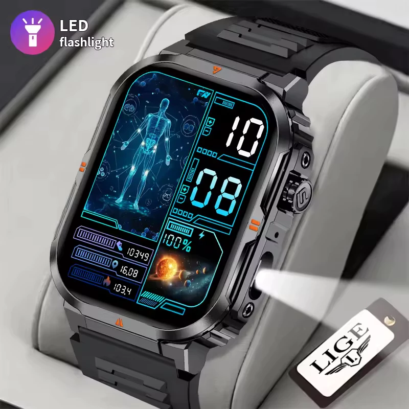 LIGE Relógio Inteligente Masculino Lanterna LED AI Voz Multi-Função Esportes Ao Ar Livre Smartwatch À Prova D'água